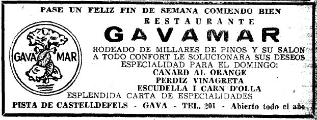 Anuncio de las especialidades de domingo del Restaurante Gavamar de Gav Mar publicado en el diario LA VANGUARDIA (16 de Noviembre de 1957)